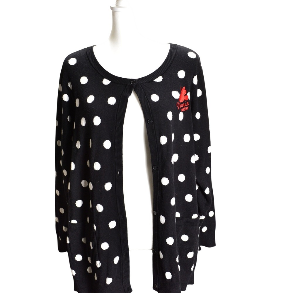 Disney Minnie Mouse Polka Dot Cardigan Sweater Black White Embroidered Size 4X